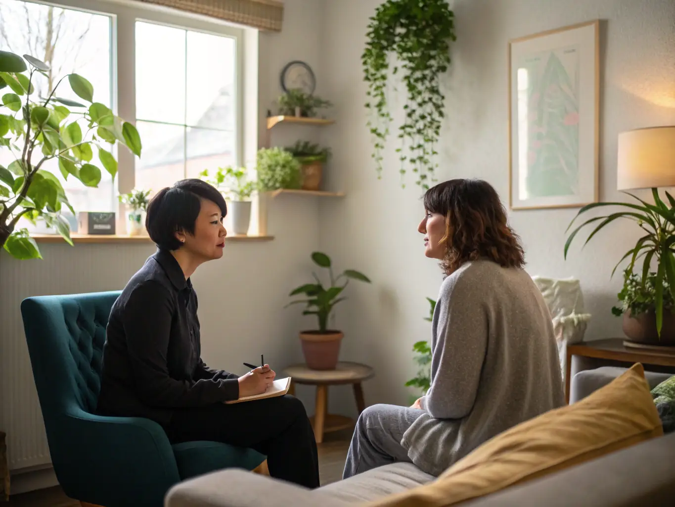 A serene image of a therapist and client in a one-on-one counseling session, bathed in soft, natural light, symbolizing individual therapy at Solid Foundation Psychiatry.