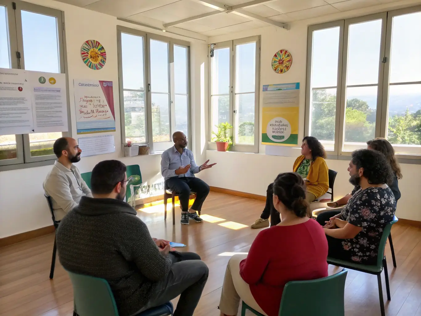 A diverse group of individuals engaged in a supportive group therapy session, led by a facilitator, illustrating the community aspect of group therapy at Solid Foundation Psychiatry.